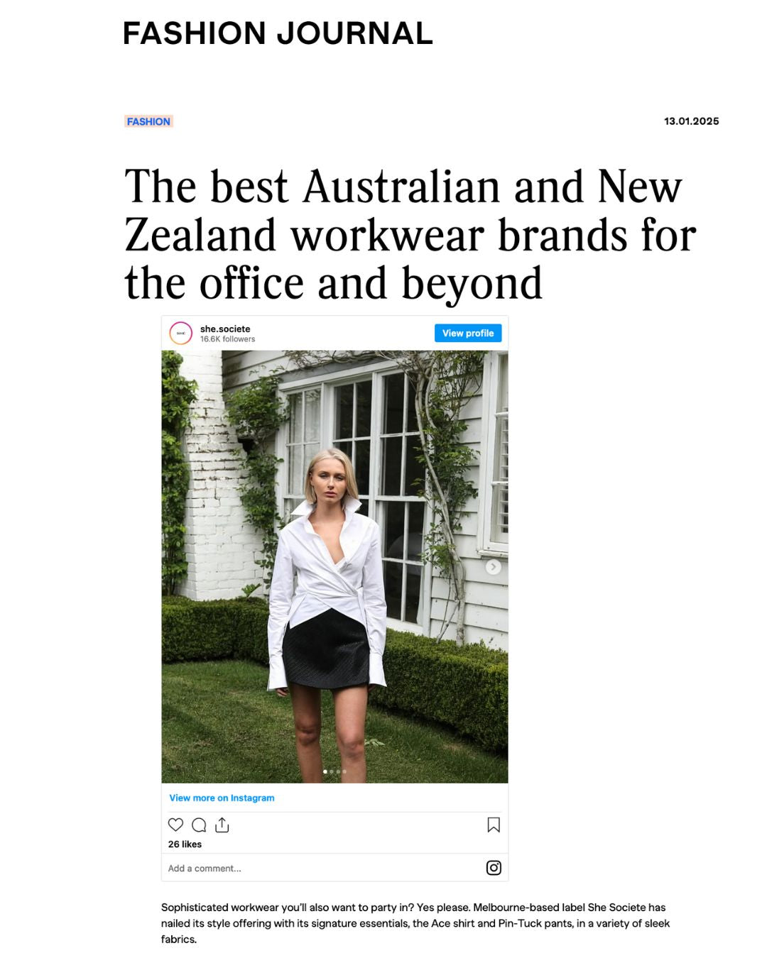 SHÉ Featured in Fashion Journal: The best Australian and New Zealand workwear brands for the office and beyond