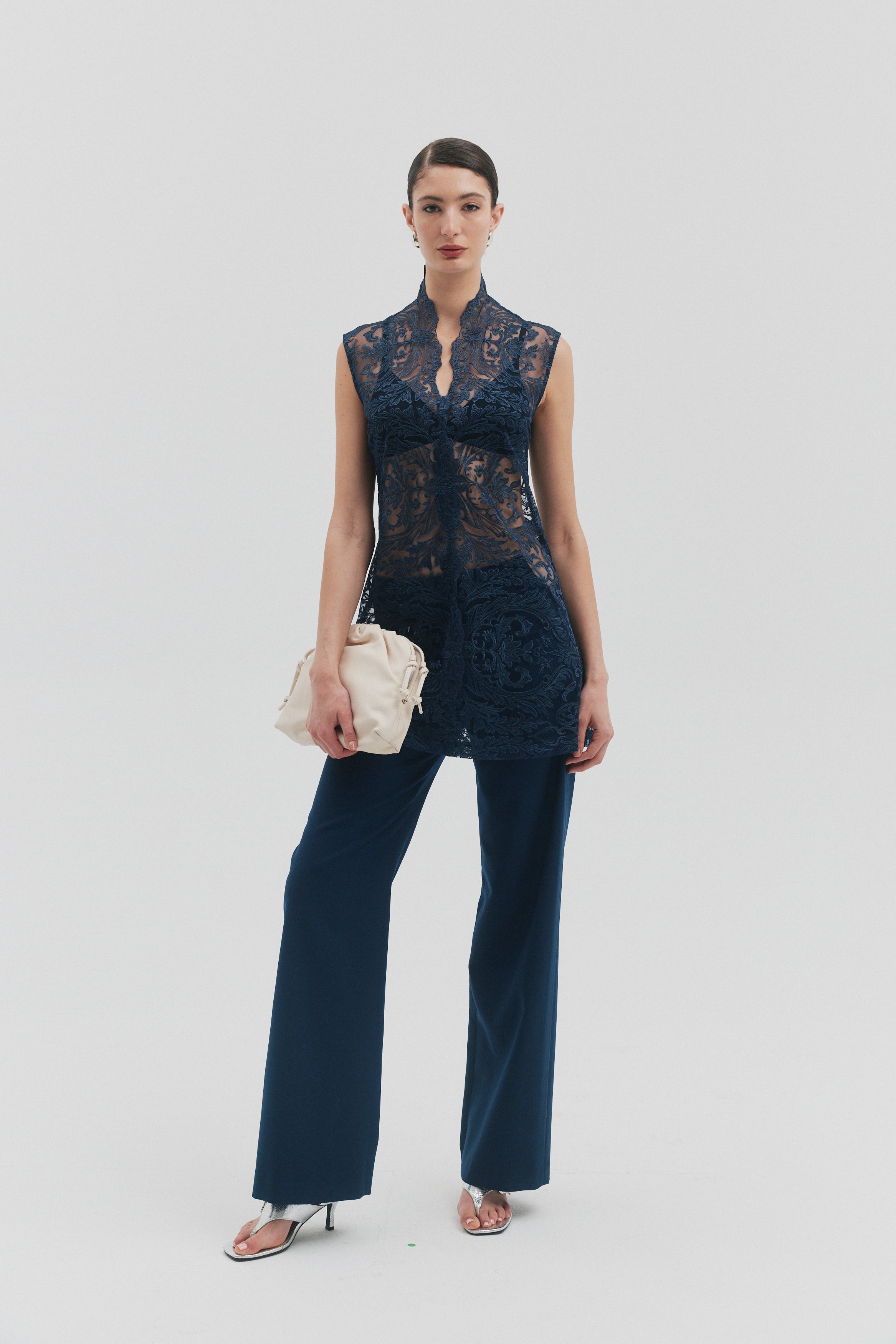 CELINE NAVY LACE A-LINE DRESS MINI