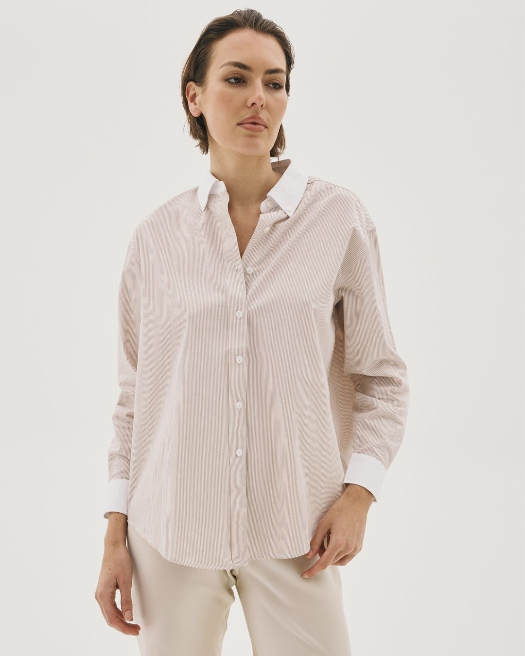Margot Brown Stripe Shirt — side view — SHE Melbourne