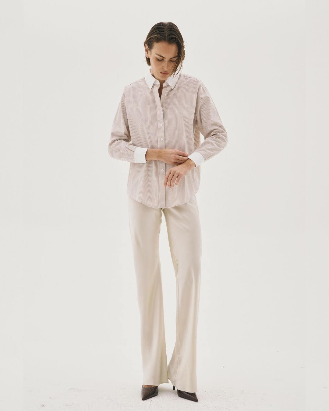 Margot Brown Stripe Shirt — styled view — SHE Melbourne