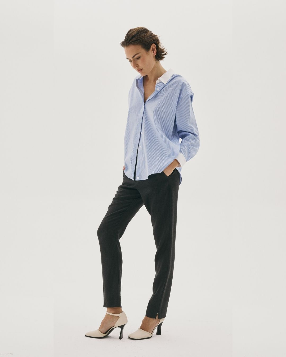 Margot Blue Stripe Shirt — styled view — SHE Melbourne