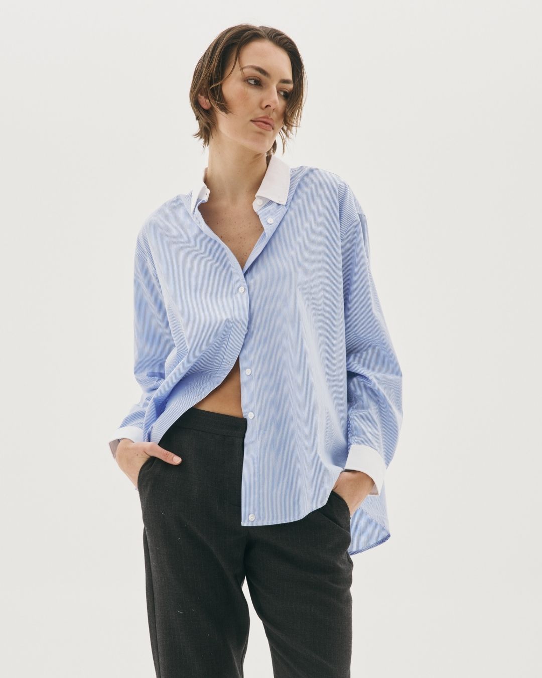 Margot Blue Stripe Shirt — relaxed boyfriend fit cotton shirt — SHÉ Melbourne