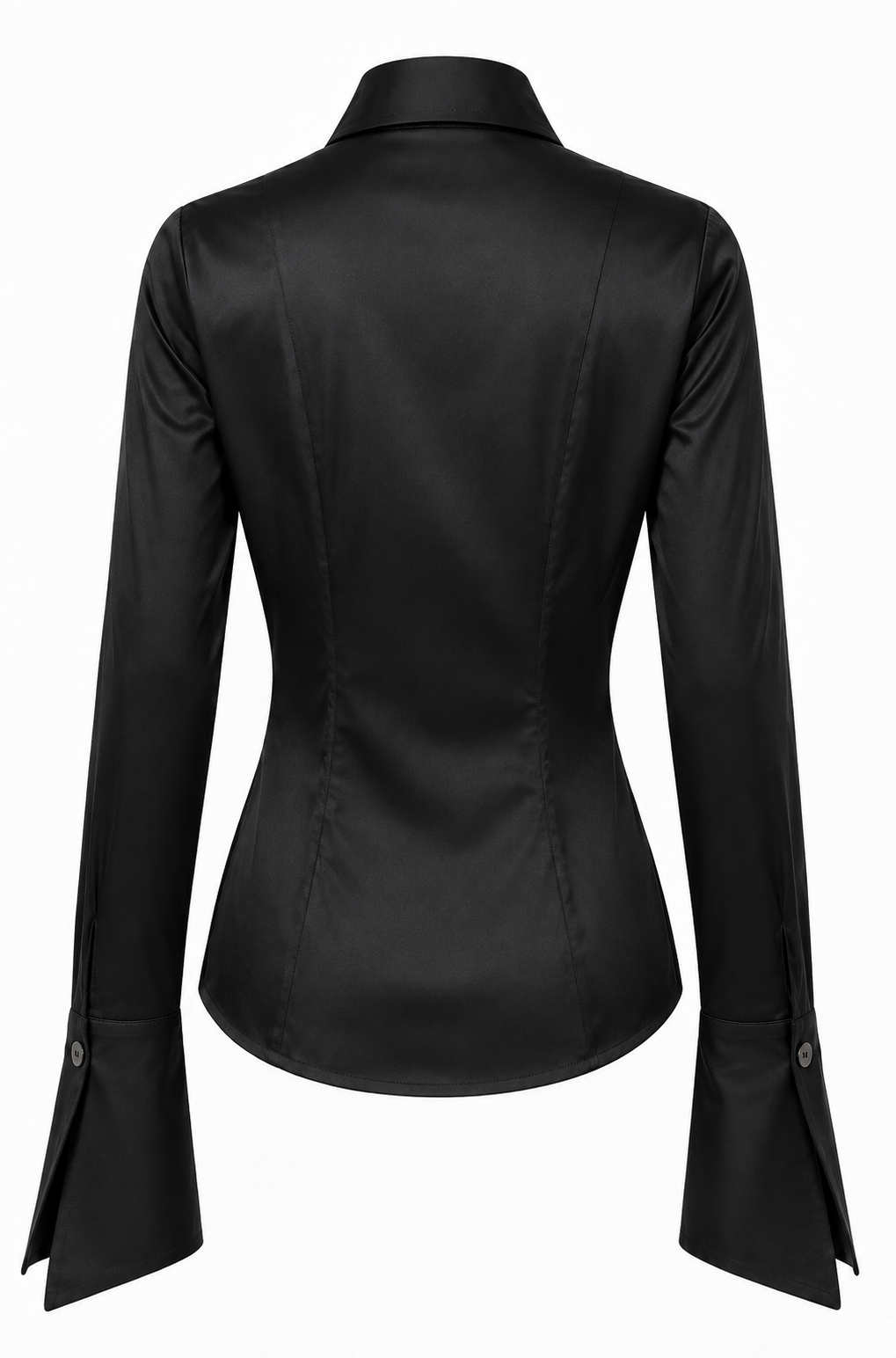 SHÉ Jackie Shirt in black silk showing the asymmetric cuff and pointed collar detail
