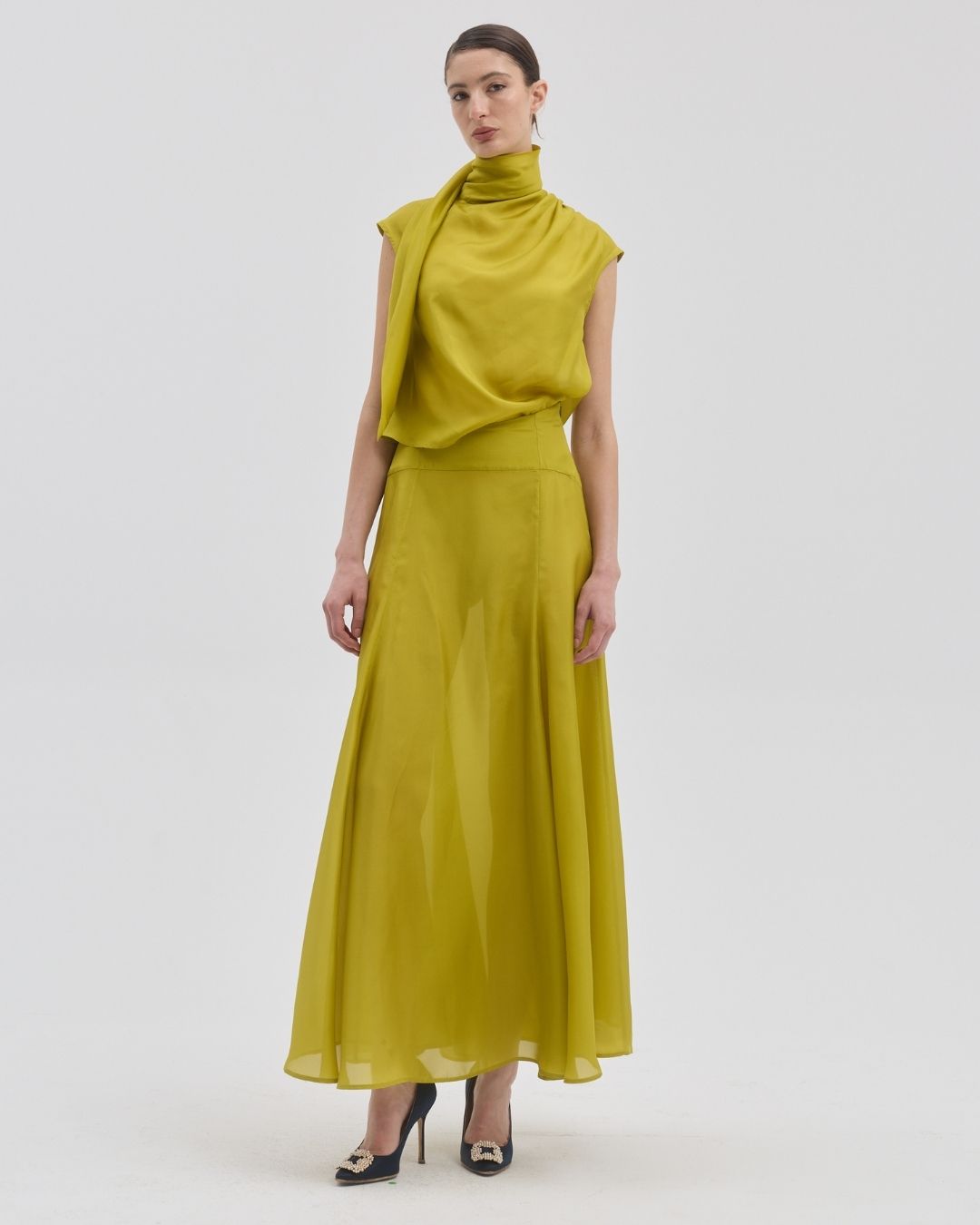 Mon Maxi Chartreuse Silk Skirt — back view — SHÉ Australia