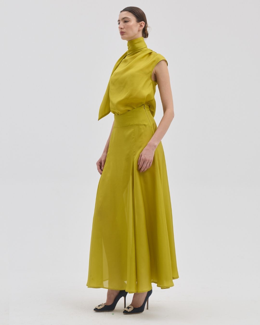 Mon Maxi Chartreuse Silk Skirt — ghost view — SHÉ Australia