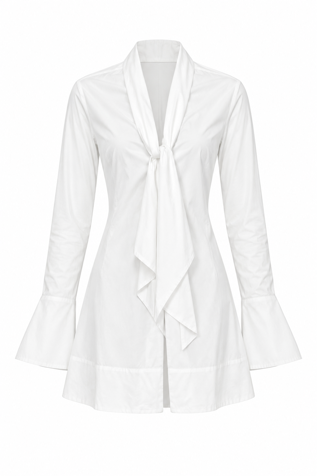 SHÉ White Cotton Baby Doll Tie Dress in natural white 100% cotton, flat lay front view showing the neck tie, flared cuffs and A-line mini skirt