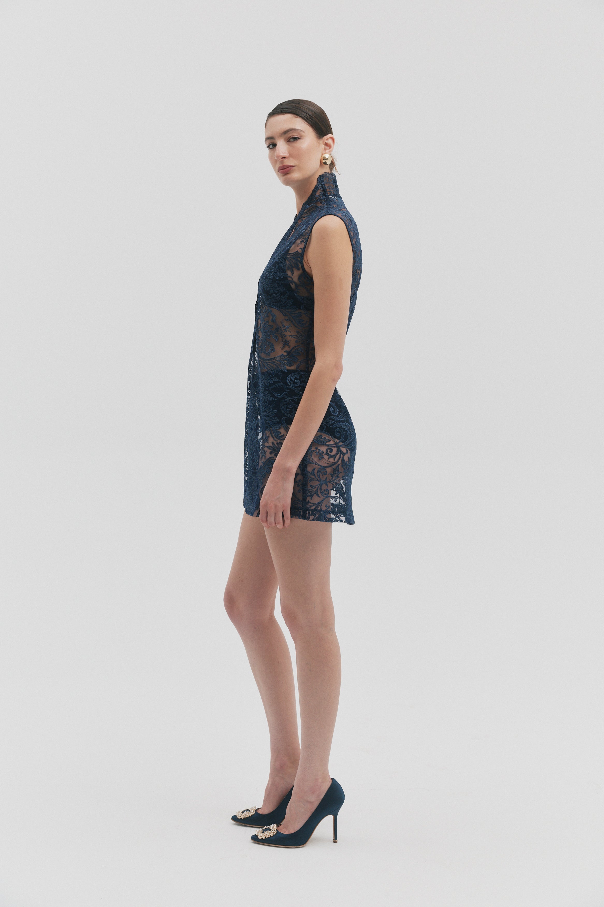 CELINE NAVY LACE A-LINE DRESS MINI