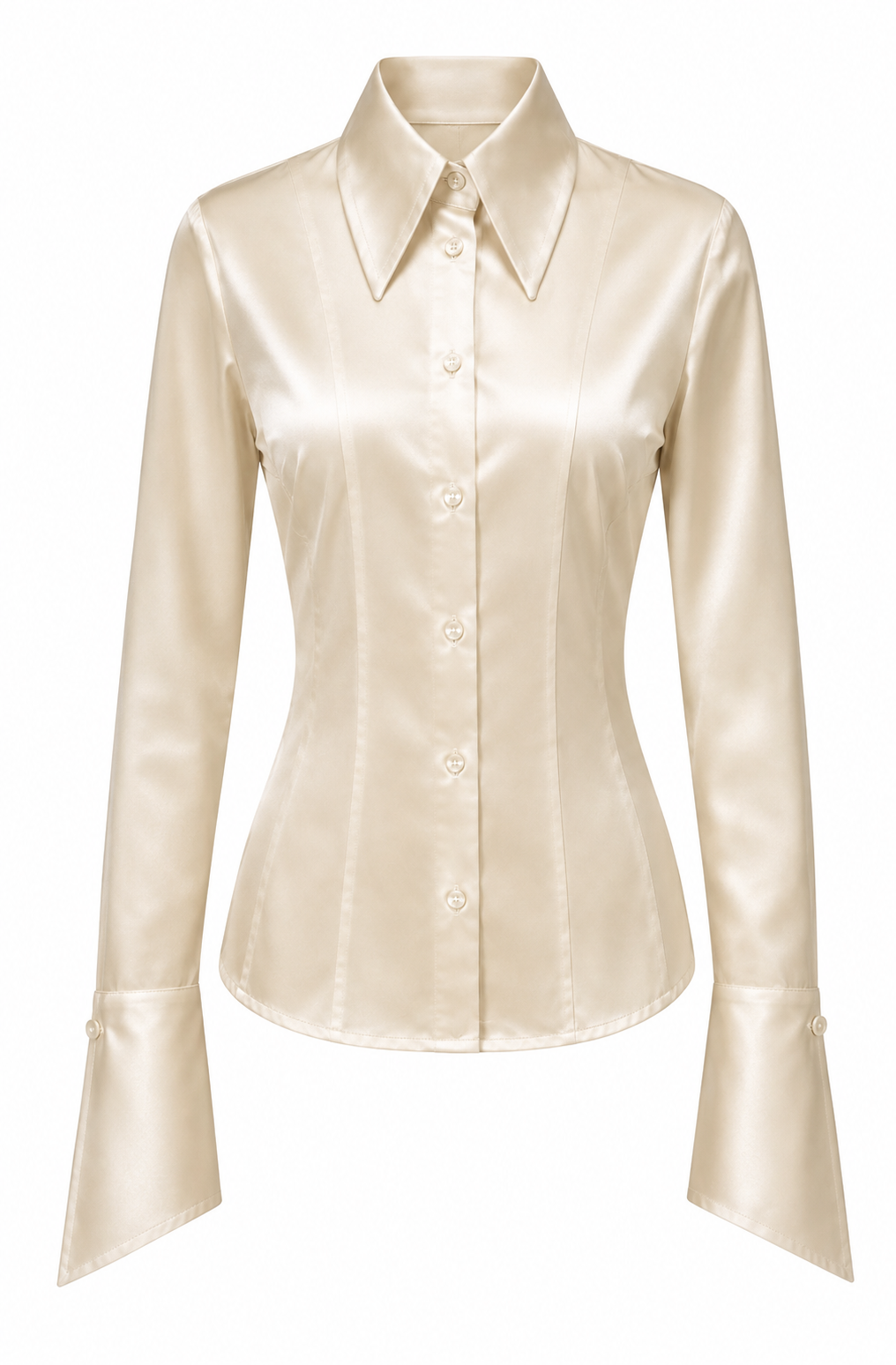 SHÉ Jackie Shirt in oyster silk, tailored fit with sharp pointed collar and asymmetric cuffs, worn front on