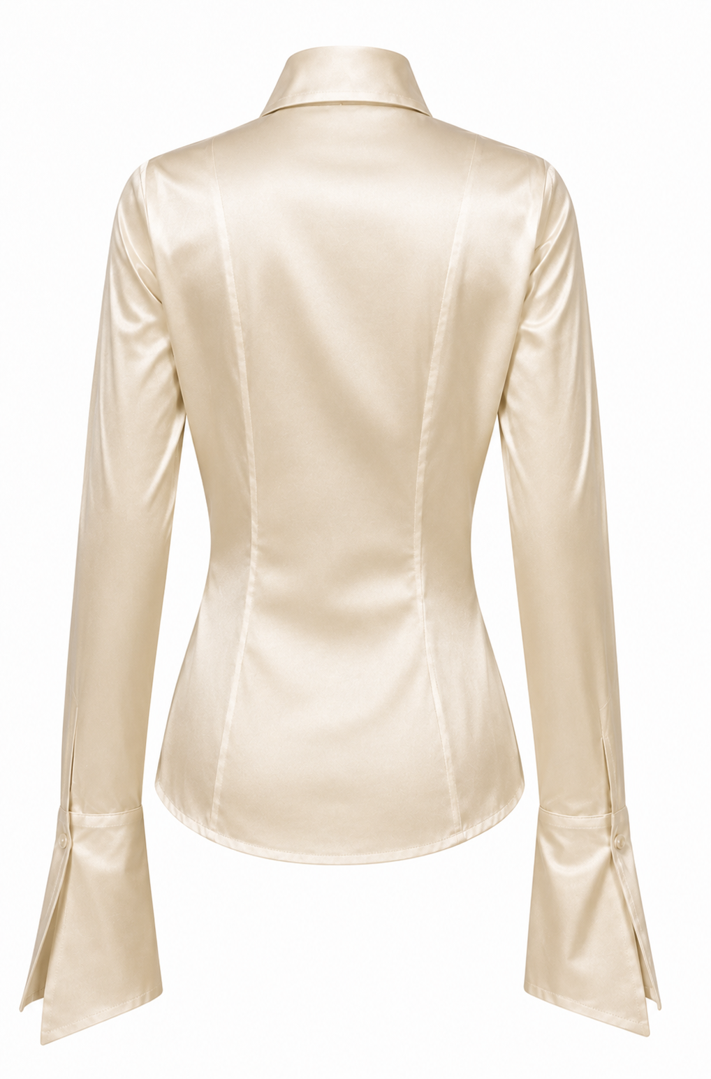 SHÉ Jackie Shirt in oyster silk showing the asymmetric cuff and pointed collar detail