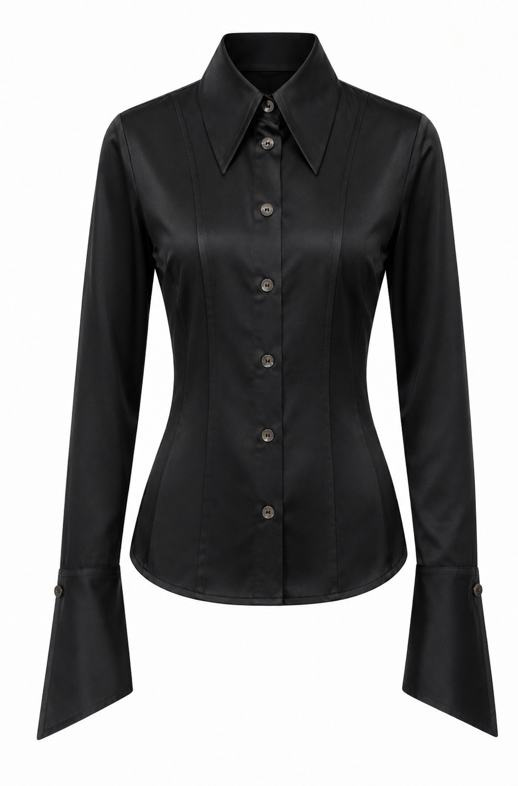 SHÉ Jackie Shirt in black silk, tailored fit with sharp pointed collar and asymmetric cuffs, worn front on