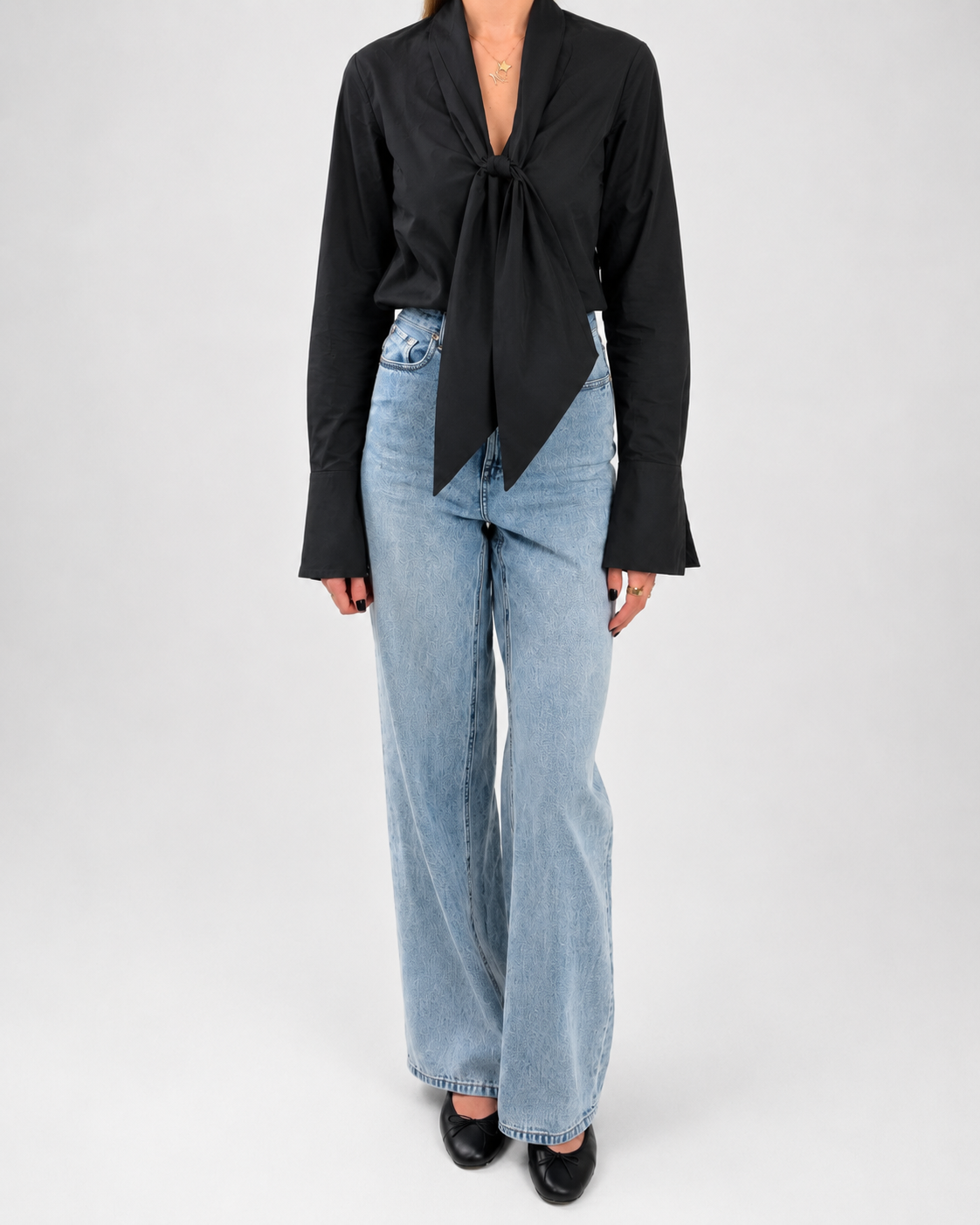 Camille Tie Shirt in black cotton — fabric and fit detail — SHÉ Melbourne